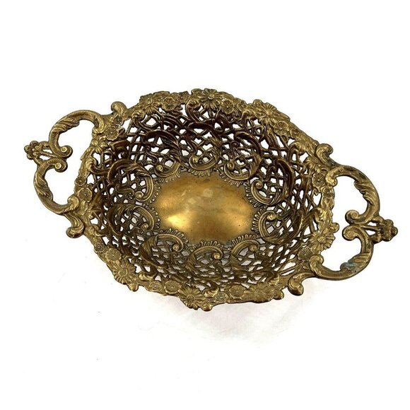Vintage Ornate Brass Victorian Basket Tray Dish Floral Design 13.5'' - Picture 1 of 10